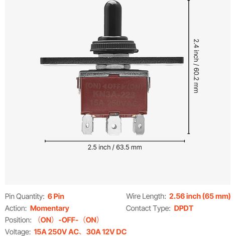 Interrupteur à Bascule, 6 Broches, Action Momentanée, Inversion de Polarité, (ON)-Off-(ON), CC 12 V/30 A CA 250 V/15 A, avec Pannea… (1/5)