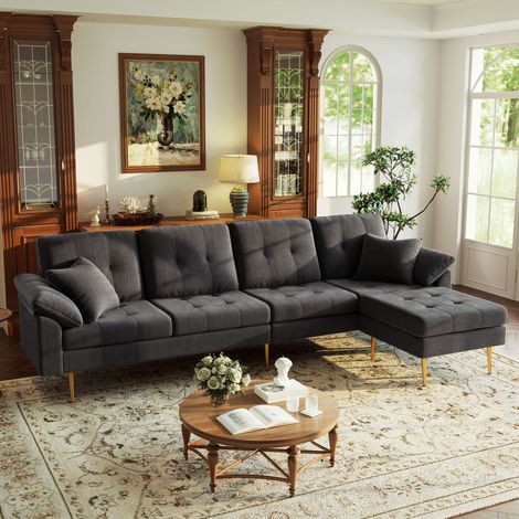 Sofá moderno de 4 plazas de pana con otomana flexible: se puede combinar libremente como sofá esquinero en forma de L, cojines de asiento suaves y gruesos, patas de hierro de 20 cm de altura, sofá esp (1/5)