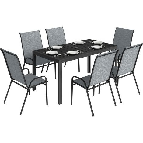 Graues Gartenmöbelset mit Tischplatte und Stühlen, bestehend aus einem perforierten Metalltisch und 6 atmungsaktiven, stapelbaren Stühlen.