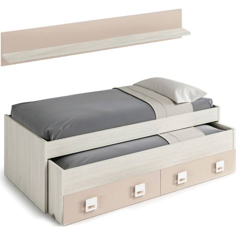 Dmora – Lit gigogne blanc et rose 90x190 cm avec 2 tiroirs et étagère – Cadre de lit pour chambre d'enfant – Montage facile - 199x96h65