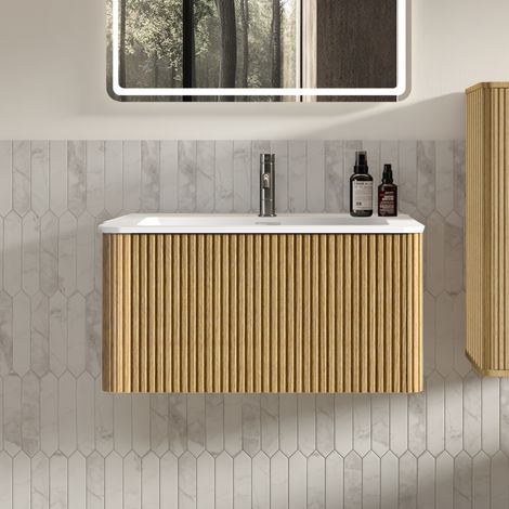 Vasque de 80 cm de large avec meuble sous-vasque pour salles de bains modernes, vasque en fonte minérale, design rainuré, meuble sous-vasque mural de 80 cm, couleur chêne, pré-assemblé (1/5)