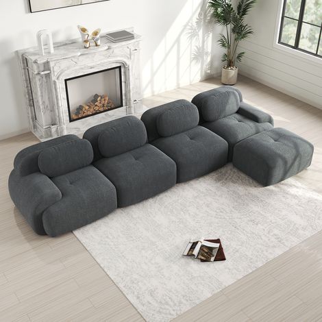 Canapé d'angle 4 places gris, méridienne incluse, accoudoirs larges, rembourrage 32D haute résilience, antidérapant, sans cadre, modulable, prêt à l'emploi pour salon, bureau, home-cinéma.