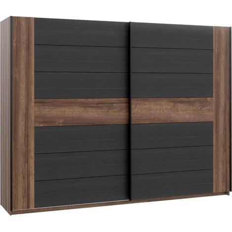Armoire dressing 2 portes coulissantes décor chêne foncé et noir – Dimensions 269,9x209,7x61,2 cm – 2 étagères fixes et 3 tringles – Meubletmoi (1/5)