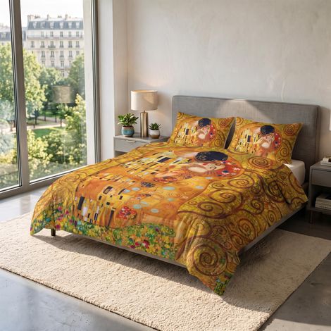 Parure Housse de Couette pour lit 2 Personnes 100% Coton, fabriquée en Italie, 250 × 200 cm avec Double Rabat 50 cm + 2 taies d'oreiller 50 × 80 cm avec Rabat Interne, Impression (1/5)