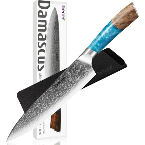 Couteau de chef Damas 20 cm, 67 couches d'acier Damas, noyau VG10, manche en bois de résine bleue, avec protège-lame (1/4)