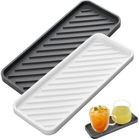 Juego de lavabo de silicona de 2 piezas con bandeja antideslizante para baño, soporte para esponja, estante de almacenamiento, jabonera y alfombrilla de drenaje para encimera (blanco-gris). (1/5)