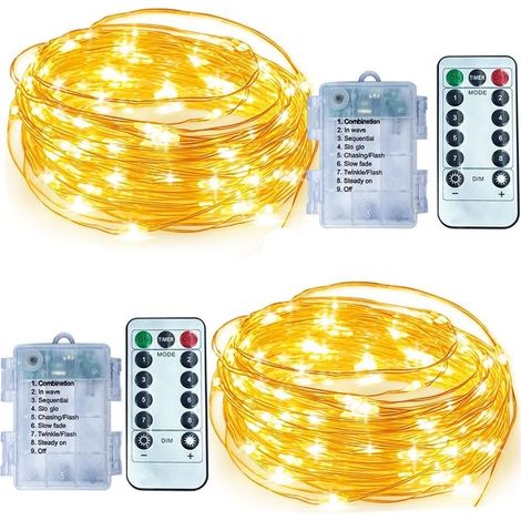 Guirlande lumineuse LED avec fil de cuivre - étanche - 8 modes - avec télécommande - 10 mètres, 100 LED - 2 pièces, blanc chaud (1/5)