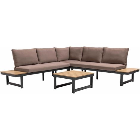 Oviala – Salon de jardin bas 6 places en aluminium et acacia FSC – Coussins épais 10 cm – Table basse 64x64 cm – Style moderne taupe