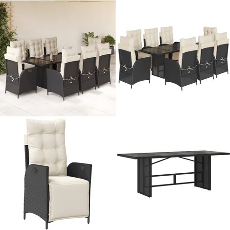 Set da Pranzo da Giardino 9 pz con Cuscini Nero in Polyrattan - Sedie da giardino reclinabili - Tavolo da giardino