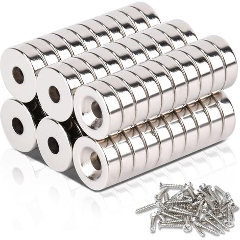 Lot de 60 aimants en néodyme de 10 x 3 mm avec trou M3 - alésage et vis à tête fraisée - Aimants ronds à visser - Pour tableau magnétique et armoire de cuisine (1/5)