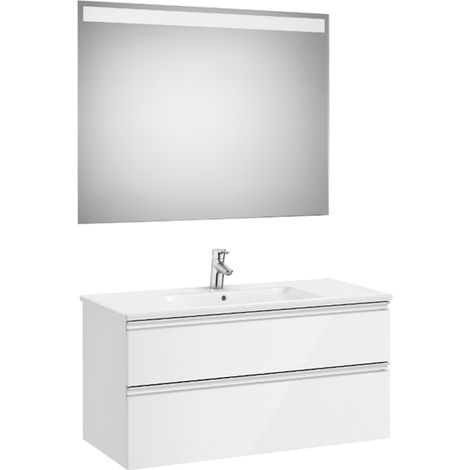 Pack meuble "The Gap" 1000 - 2 tiroirs + lavabo slim + miroir LED - blanc brillant/poignées alu brillantes - Roca (1/2)