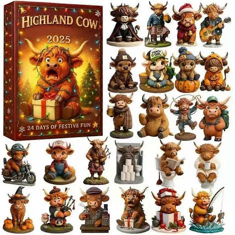 Calendrier de l'Avent 2D 2025 avec vache des Highlands amusante, compte à rebours de 24 jours avant Noël (1/3)