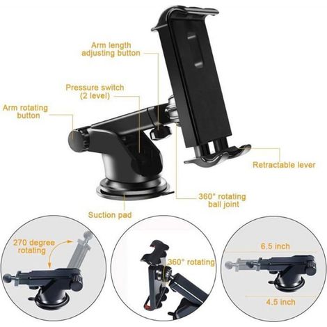 Support Tablette Voiture - Ventouse Silicium - Rotation 360° - Compatible iPad iPhone Jusqu'à 10,5 Pouces - Universel (1/4)