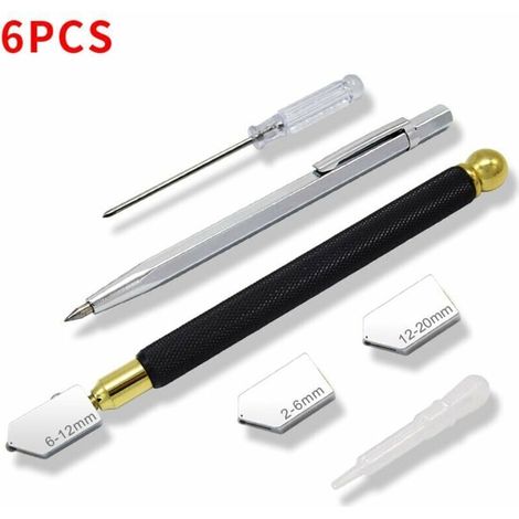 Professioneller Glasschneider, Glasschneidewerkzeug. Das geschmierte Wolframkarbid-Schneidrad schneidet Glas, Spiegel, Fliesen und Buntglas von 3 bis 12 mm, 6er-Set, Fonepro.