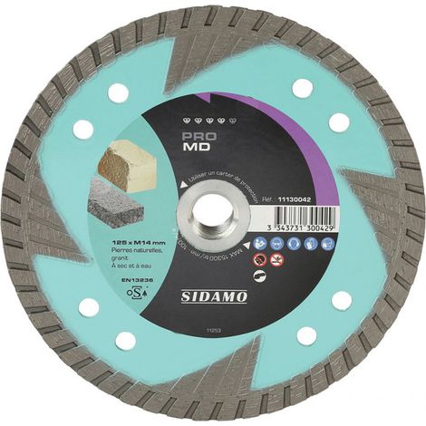 Sidamo – Disque diamant 125mm pour meuleuse – Tronçonnage pierres naturelles et granit à sec ou à eau – Alésage M14 – Segments cannelés