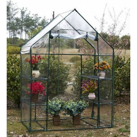 Metal Frame Walk In Greenhouse PVC Propagator with Double Shelves Garden Use Fruit Vegetable Greenhouse 143 × 73 × 195 cm