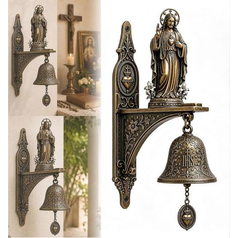 Cloche murale Sacré-Cœur de Jésus vintage décoration religieuse catholique maison jardin statue bronze antique à suspendre église (1/5)