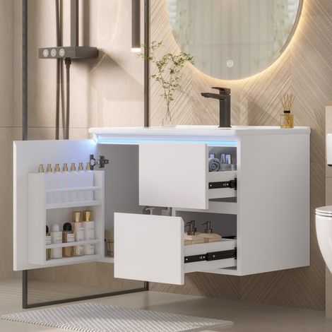 Hängender Waschtischunterschrank 76 x 46 x 50 cm – Radar-LED-Beleuchtung – 2 geräuscharme Schubladen für modernes Badezimmer – Weiß