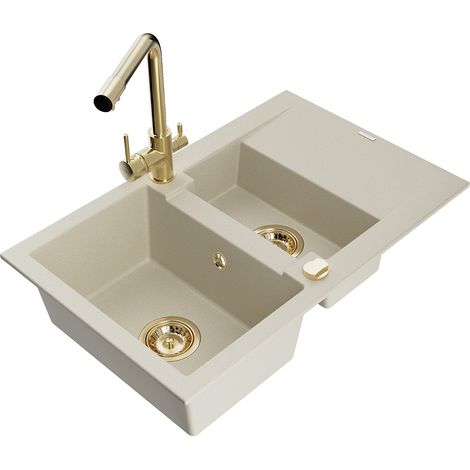 Mexen Gaspar évier en granit 1,5 bac avec égouttoir et mitigeur de cuisine Duero, beige - 6507-69-671600-50 (1/5)