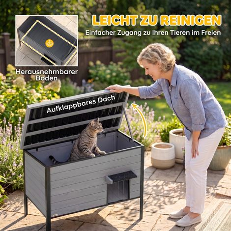 Maison pour chat imperméable avec toit ouvrant, fond amovible, entrée pour 1 à 2 chats jusqu'à 12 kg, 85x55x70 cm, gris clair (1/5)