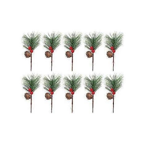 10 décorations de Noël artificielles en pin, aiguilles de pin et pommes de pin rouges, pour emballage cadeau. (1/2)