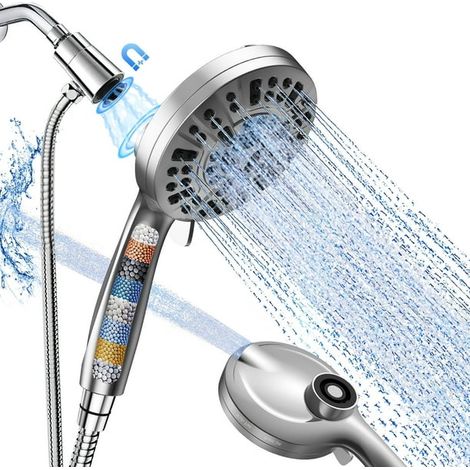 Duschkopf mit Filter, Handbrause mit hohem Wasserdruck und 10 Strahlarten, 1,5 m langer Brauseschlauch und verstellbare Halterung. Filtert Chlor und hartes Wasser, verchromt.
