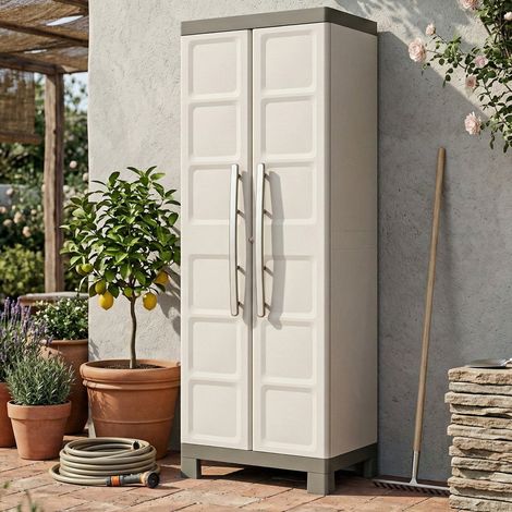 Dmora - Armario exterior Ghedi, Mueble para exteriores, Mueble de jardín multiusos, Contenedor para balcón o garaje, Made in Italy, 65x45 h182 cm, Arena (1/4)