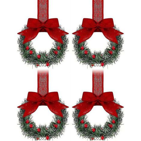 Mini couronnes Noël lot de 4 ruban baies rouges fenêtre porte armoire cuisine style rustique décoration fin d’année accueillante (1/4)