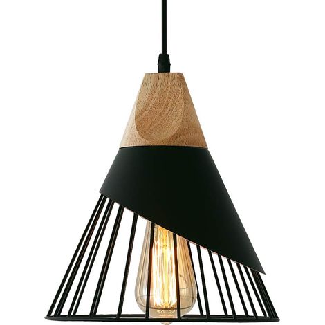 Suspension Luminaire Vintage,Bois Métal design Lampe Plafonnier Industrielle en Luminaires Suspension Abat-jour 27 Applique d'Eclairage pour salle à manger Cuisine,Noir (1/5)