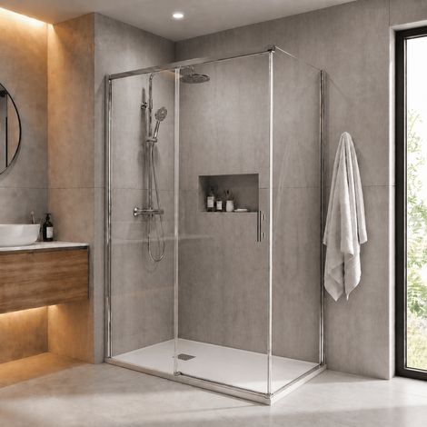 Pack douche fermée (entre deux murs) chromé : receveur blanc 120x80 cm + paroi coulissante + paroi latérale fixe