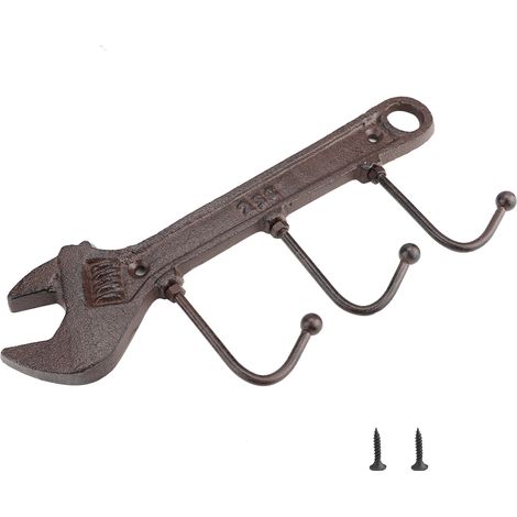 Gancho De Pared De Hierro Fundido Con Forma De Llave Inglesa - 3 Ganchos - Para Llaves Sombreros Y Ropa - 23,5 X 10,5 Cm (1/5)