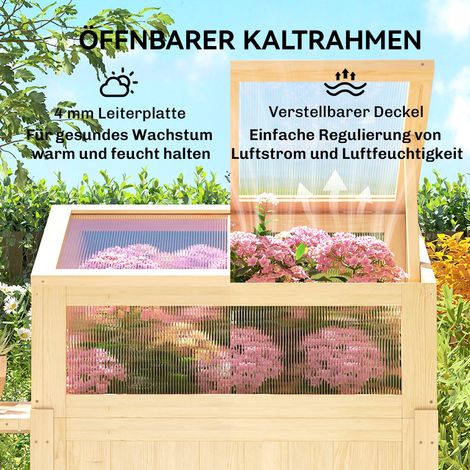 Coffre de jardin surélevé en bois avec serre rabattable, bac à plantes et tablettes latérales, bois naturel (1/5)