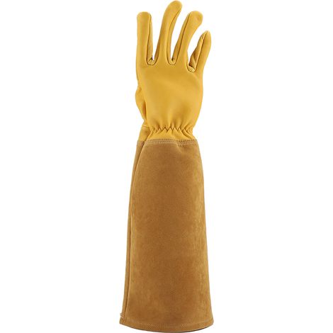 Gants de jardinage renforcés en cuir pour taille de rosiers, anti-perforation, résistants à l'usure, gants de travail longs, jaune, taille M (1/5)