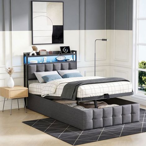Cama litera simple 90 x 200cm con cofre de almacenamiento, somier de lamas incluido, USB y LED, Gris (1/5)