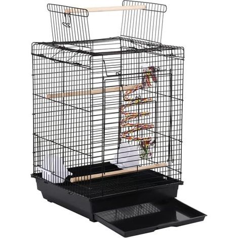 1 Cage à Oiseaux Métal, Toit Ouvert, 3 Perchoirs, 2 Mangeoirs, Jouet Détachable, Pour Perruches et Canaris (1/5)