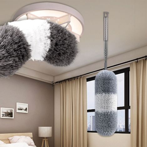 Staubwedel aus Kunstfasern mit langem, flexiblem, waschbarem und ausziehbarem Griff für die Haushaltsreinigung. Der Teleskopgriff lässt sich bis zu 280 cm ausziehen. Grau und weiß. (1/5)