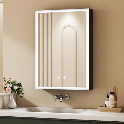 Schwarz Spiegelschrank Bad mit Beleuchtung 50x70cm, LED Spiegelschrank Bad-Hängeschränke Medizinschrank mit Touch-Schalter, 3 Einstellbare Lichtfarben, Beschlagfrei, Schwarz