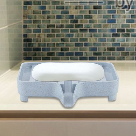 Boîte de rangement pour savon et éponge en paille de blé avec égouttoir, porte-savon et porte-éponge pour salle de bain et cuisine (bleu) (1/5)