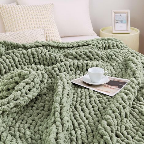 Couverture en Tricot épais, 100% Chenille tricotée à la Main pour canapé et décoration d'intérieur, Douce et Confortable, Vert Sauge, 129,5 x 160 cm (1/5)