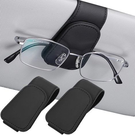 Lot de 3 Porte Lunettes pour Voiture, Cuir Clip de Support de Lunettes de Visière de Voiture, pour Lunettes de Soleil Carte Ticket, Noir (1/5)