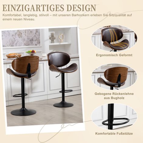 Lot de 2 tabourets de bar pivotants, hauteur réglable, bois courbé marron, assise en cuir PU, dossier ergonomique avec repose-pieds, pour cuisine ou îlot.