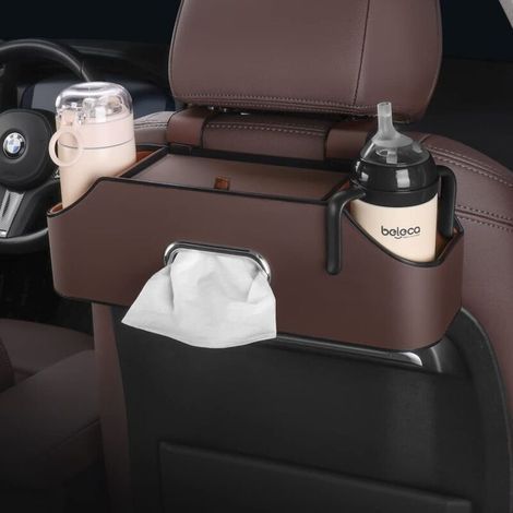 New Car Rear Seat Multifunctional Headrest Organizer with Cup Holder, Tissue Box, Headrest Hook for Children and Adults, Car Travel Accessories (Brown)