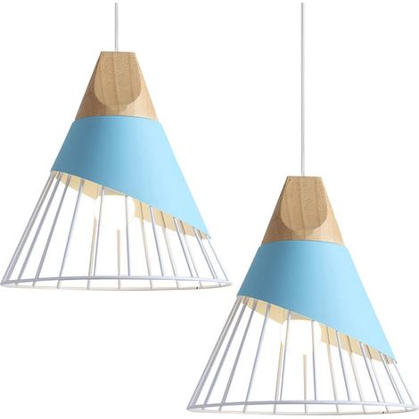 Nordische moderne minimalistische Pendelleuchte aus Holz, kreativer Vintage-Kronleuchter aus Eisen, E27, höhenverstellbare Deckenleuchte für Schlafzimmer, Restaurant, Café (Blau)