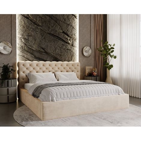Lit double 160x200 cm Ali - glamour, coffre, cadre en métal - tissu velours Beige (Magic Velvet 2201) (1/5)