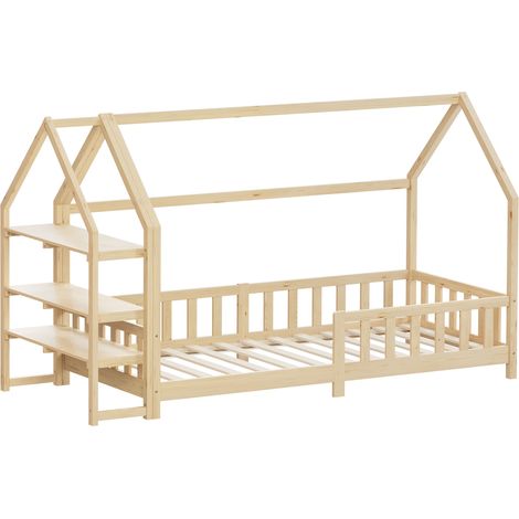 ML-Design Kinderbett Hausbett 90x200 cm mit Rausfallschutz, Regal, Dach & Lattenrost, Natur, Bettgestell aus Kiefernholz, Montessori Bodenbett, Holzbett für Mädchen & Jungen, Jugendbett, Einzelbett
