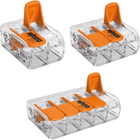 Wago – Assortiment de bornes à levier 2, 3 et 5 contacts – Boîtier transparent – Raccordement 0,2 à 4 mm² – Supporte jusqu'à 32A/450V