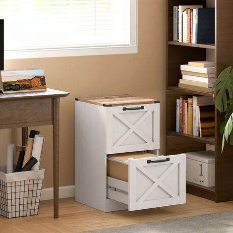 Caisson de Bureau avec 2 Tiroirs, Dossiers Suspendus pour Formats Lettre/A4, Style Rustique, 40x40x71cm, Blanc (1/5)