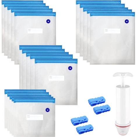 20 Pcs Sac Sous Vide Alimentaire 4 Tailles Sans BPA Sac Mise Sous Vide Alimentaire avec 1 Pompe À Main 4 Clips Sacs de Mise Sous Vide pour Conserver les Aliments (1/5)