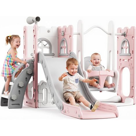 Toboggan enfant avec balançoire HDPE rose gris jardin (1/5)