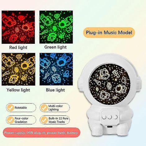 Lampe de nuit créative avec projection d'astronaute, cadeau de Noël pour enfants, boîte à musique, projecteur de ciel étoilé galactique, 8 chansons intégrées (1/5)